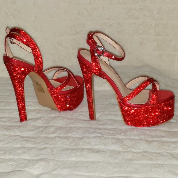 Bejeweled Pandora Bright Red Sparkling Rhinestone Platform 6.5" Heels Shoes - Picture 7 of 17